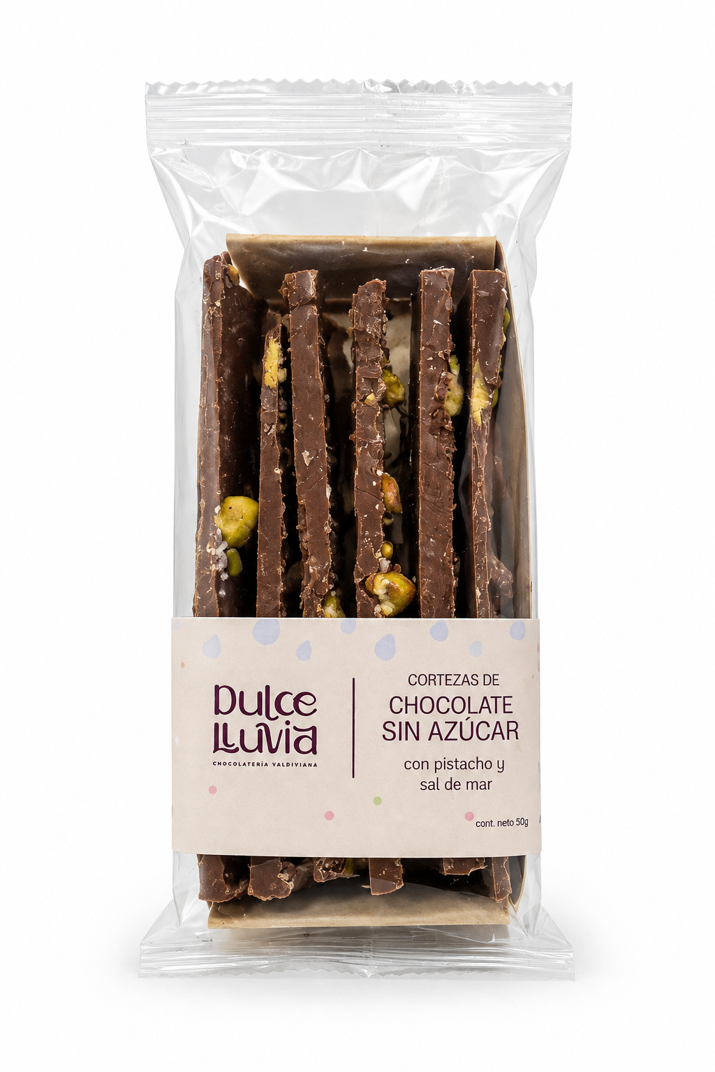 Cortezas de Chocolate de Leche sin Azúcar Pistacho Sal de Mar